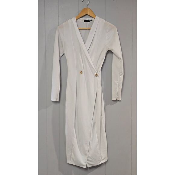 White Long Sleeve Wrap Midi Dress Bodycon Blazer Gold Buttons Dress Size US 4 - Picture 2 of 11